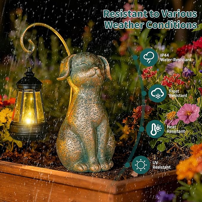 Solar Garden Decor Dog Statues with Lantern,Waterproof Resin Solar Outdoor Statue Decoration for Yard, Lawn, Flower Bed, Backyard, Front Yard, Patio, Balcony – Gift for Dog Lovers