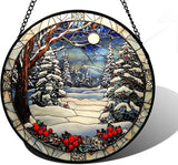 DASTOLL Stained Glass Window Hanging Christmas Tree Winter Snow Night Scenery Large 11.8" - Suncatcher Door Garden Kitchen Sun Catcher Home Decor Birthday for Mom Men Woman Friend