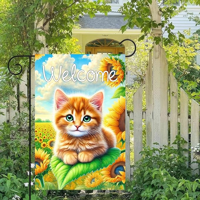 BlissYard Spring Welcome Garden Flag 12x18 Inches Double Sided Cute Cat Yard Flags Sunflower Summer Seasonal Flower for Outside Decor Home Farmhouse Holiday Decorations