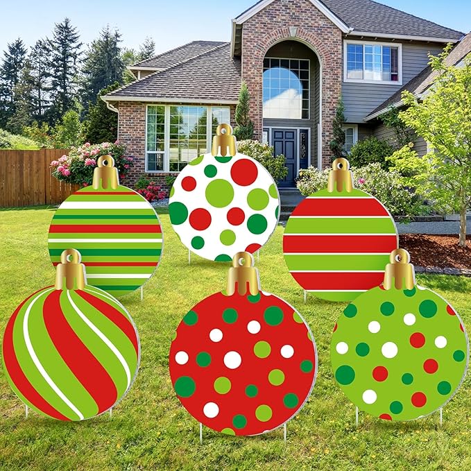 Vercraft 6 Pieces Large Christmas Balls Yard Signs with Stakes 15 Inch Outdoor Lawn Decorations Double Sided Xmas Balls Hanging Ornaments for Christmas Tree Garden Home Yard Decor