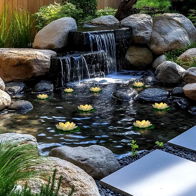 12PCS Waterproof Floating Lotus Light, 5’’+ 6’’ Floating Lily Lights Water Activated Artificial Flowers Battery Operated Warm White Light for Wedding Pool Anniversary Garden Decor