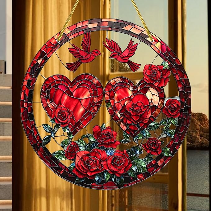 Valentine Heart Suncatcher Ornament Red Birds Rose Designs Pattern Window Hanging Suncatchers Full Cover Stained Glass for Garden Room Decor Valentine's Romantic Ornaments for Wife Gift