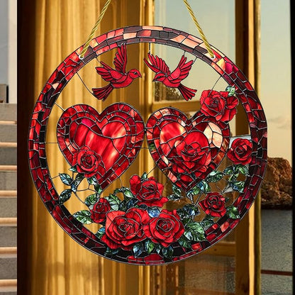Valentine Heart Suncatcher Ornament Red Birds Rose Designs Pattern Window Hanging Suncatchers Full Cover Stained Glass for Garden Room Decor Valentine's Romantic Ornaments for Wife Gift