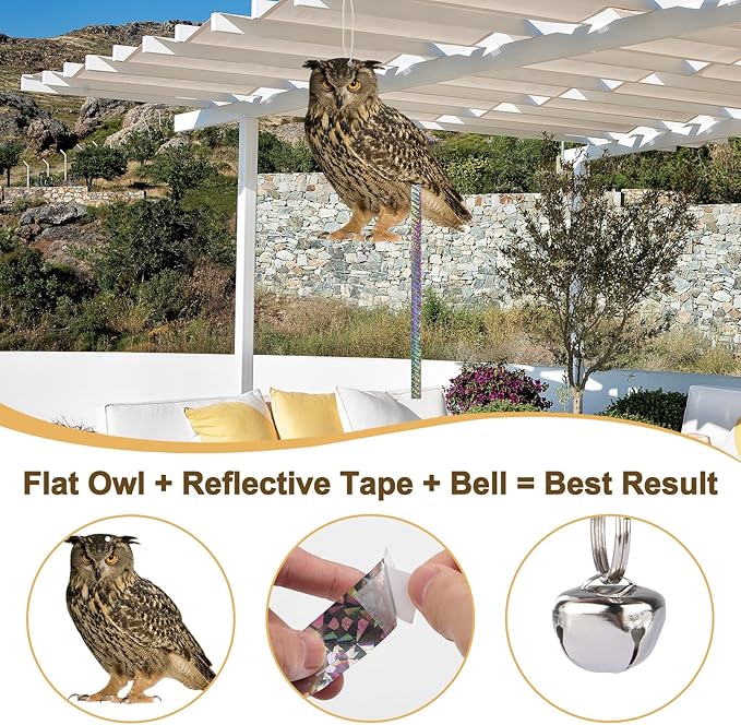 Plastic Owl to Scare Pigeon for Balcony 4PCS Hanging Fake Owl to Keep Squirrel Away from Outdoor Garden Flat Garden Owls with Reflective Tape for House Window Patio Yard Backyard Front Porch Decor