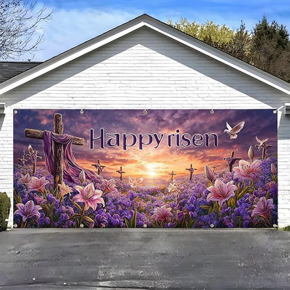 Easter Garage Door Banner Cover, Easter Cross Flowers Spring Party Backdrop Decor, Garage Door Cover For Outdoor Yard Holiday Decoration