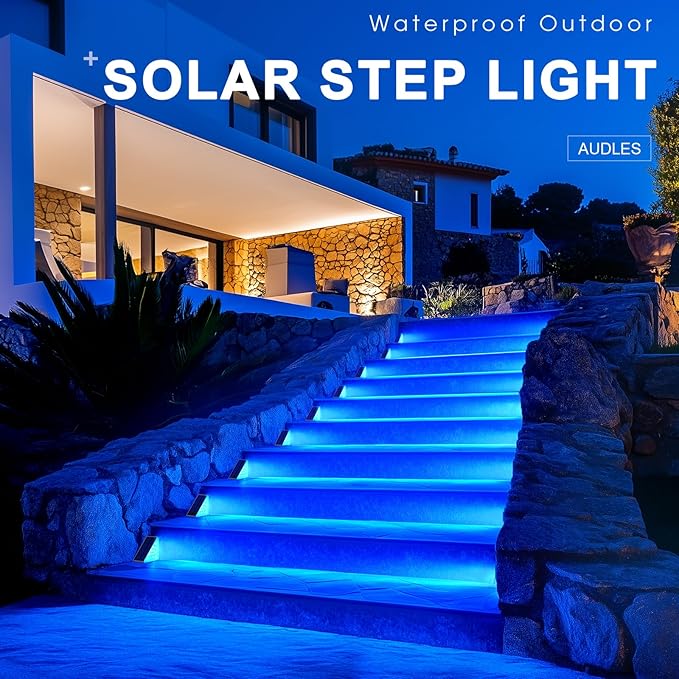 AUDLES 2 Pack Solar Stair Lights, Outdoor Step Lights with Waterproof IP67, Blue Color LED Solar Light for Outside Light Decor for Stair, Deck, Front Step, Front Porch, Patio and Backyard