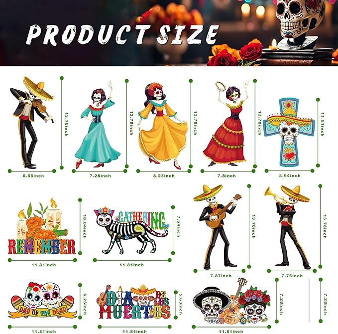 Amyhill 12 Pcs Day of the Dead Yard Decorations Halloween Outdoor Signs Decorations Dia De Los Muertos Decor Sugar Skull Sign Waterproof Mexican Fiesta Festival Party Supplies for Garden Lawn Patio