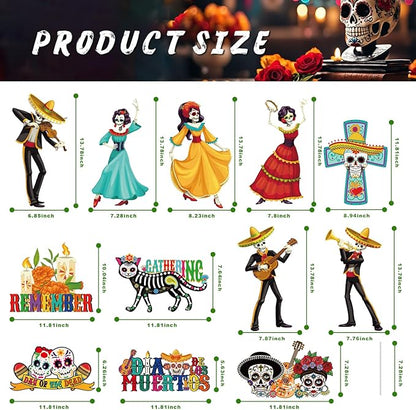 Amyhill 12 Pcs Day of the Dead Yard Decorations Halloween Outdoor Signs Decorations Dia De Los Muertos Decor Sugar Skull Sign Waterproof Mexican Fiesta Festival Party Supplies for Garden Lawn Patio