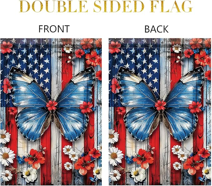 Spring Summer Garden Flag 12x18 Inch Patriotic Butterfly American Outdoor Floral Rustic Wood Art Design Outdoor Yard Porch Lawn for Seasonal Americana Farmhouse Home Decor
