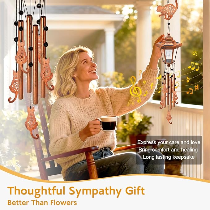 Large Solar Cat Wind Chimes with Wind Catcher/Solar Decor Light to Create a Zen Atmosphere Decor for Outdoor Garden Patio Balcony, Classic Bronze Wind Chimes, Gifts for Mom Grandma Women Wife Daughter
