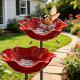 Handmade Metal Flower Garden Stake, Metal Flower Garden Stake Bird Bath,Bee Butterfly Water Feeder with Flower Design for Garden Lawn Yard Decor (2PCS)