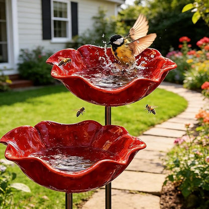 Handmade Metal Flower Garden Stake, Metal Flower Garden Stake Bird Bath,Bee Butterfly Water Feeder with Flower Design for Garden Lawn Yard Decor (2PCS)