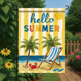 Hello Summer Garden Flag Beach Palm Tree Chair Coastal Outdoor Yard Porch Lawn Garden Decor for Tropical Seaside Patio Cottage Farmhouse Seasonal Summer Home Display