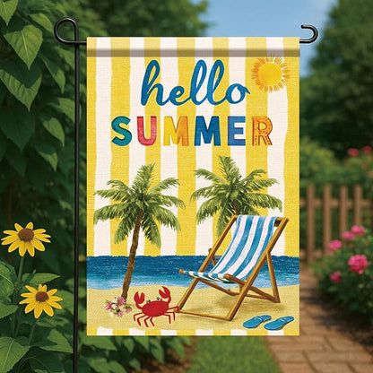 Hello Summer Garden Flag Beach Palm Tree Chair Coastal Outdoor Yard Porch Lawn Garden Decor for Tropical Seaside Patio Cottage Farmhouse Seasonal Summer Home Display