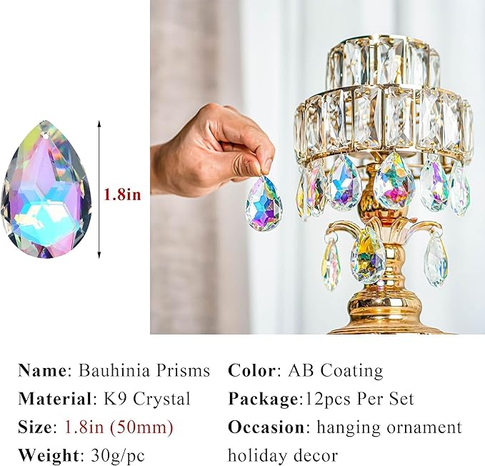 HDCRYSTALGIFTS 12 Pieces 50mm Crystal Prisms Chandelier Colorful Bauhinia Ornament Pendants Rainbow Maker Hanging Prisms for Wedding Party Christams Tree Garlands Decoration DIY Jewelry