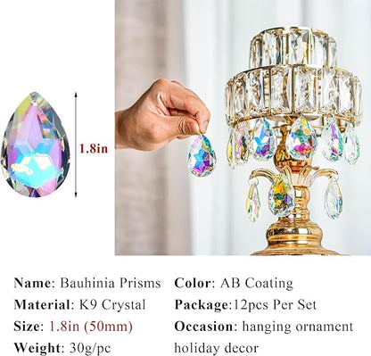 HDCRYSTALGIFTS 12 Pieces 50mm Crystal Prisms Chandelier Colorful Bauhinia Ornament Pendants Rainbow Maker Hanging Prisms for Wedding Party Christams Tree Garlands Decoration DIY Jewelry