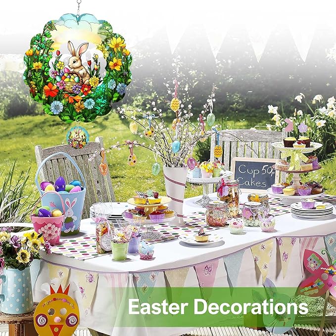 Easter Bunny Wind Spinners Outdoor Hanging Ornament Gifts, 12 inch 3D Eggs Easter Wind Kinetic Sculpture for Outdoor & Indoor, Yard Art, Garden Decoration