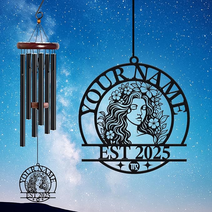 Personalized Customize Name 12 Zodiac Signs Wind Chime, Metal Iron 37 Inch Outdoor Memorial Gift for Garden Yard Patio Home Decor, Black (Virgo)