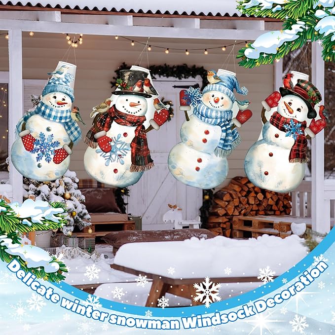 Moucuny 4 Pcs Winter Windsocks 3D Hanging Snowman Windsocks Cute Waterproof Snowman Wind Sock Flags for Winter Yard Garden Decorations