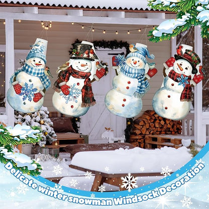 Moucuny 4 Pcs Winter Windsocks 3D Hanging Snowman Windsocks Cute Waterproof Snowman Wind Sock Flags for Winter Yard Garden Decorations