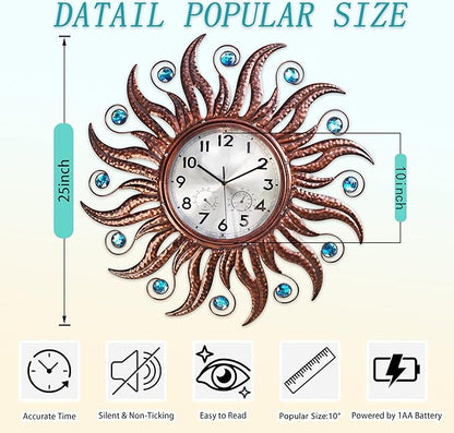 COOZZUHOUR 25 Inch Metal Sun Outdoor Shaped-Clock with Thermometer and Hygrometer Combo, Battery-Powered 10-inch Waterproof Dial and Silent Quartz Movement for Home Decorative Gifts(Bronze)