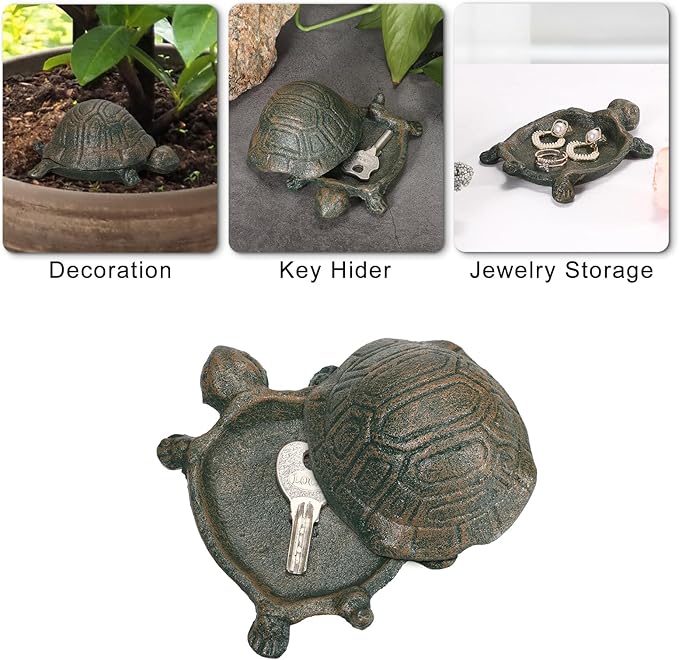 JUXYES Turtle Cast Iron Key Hider Outside Spare Door Key Box Outdoor Small Garden Statues Ornament, Turtle Indoor Decoration Jewelry Trinkets Box for Key, Ear Studs, Ring, Paper Clip