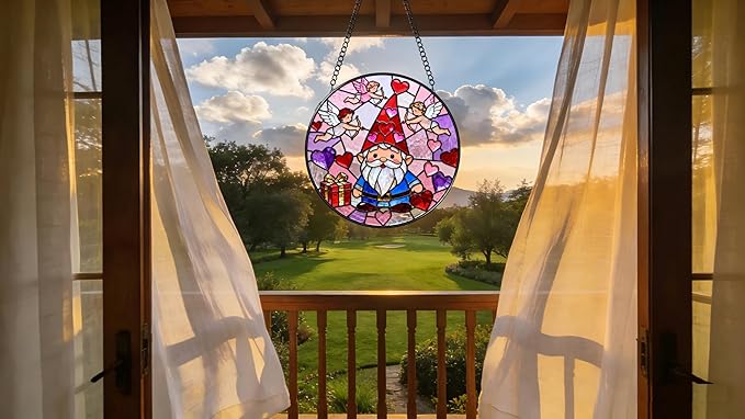 Funoasis Valentine's Day Stained Glass Suncatcher - Cupid and Heart 6.3 Inches Ornaments Gift for Lovers and Spouse