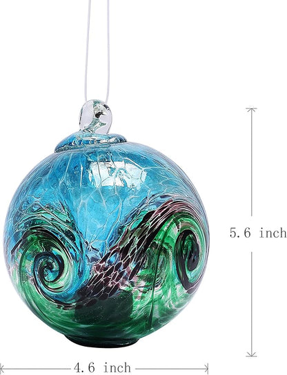 4.6-Inch Solar Hanging Glass Gazing Ball Outdoor Garden Décor Aqua-Green Swirl