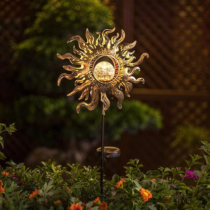 Hapjoy Solar Lights Outdoor Garden Decor Solar Powered Sun Lantern for Yard, Patio,Lawn or Pathway Sun Decorations Crackle Glass Globe Stake Metal Lights Waterproof Warm LED Garden Pathway