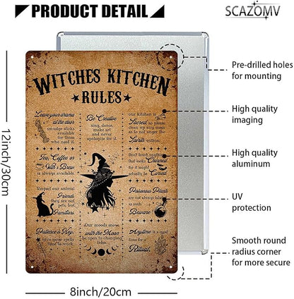 Witches Kitchen Rules Metal Tin Signs Vintage Witches Kitchen Decor Halloween Party Retro Decorations for Home Bar Cafe Porch Patio Yard Outdoor Decorative 12x8 Inch (Retro Copper Rust)