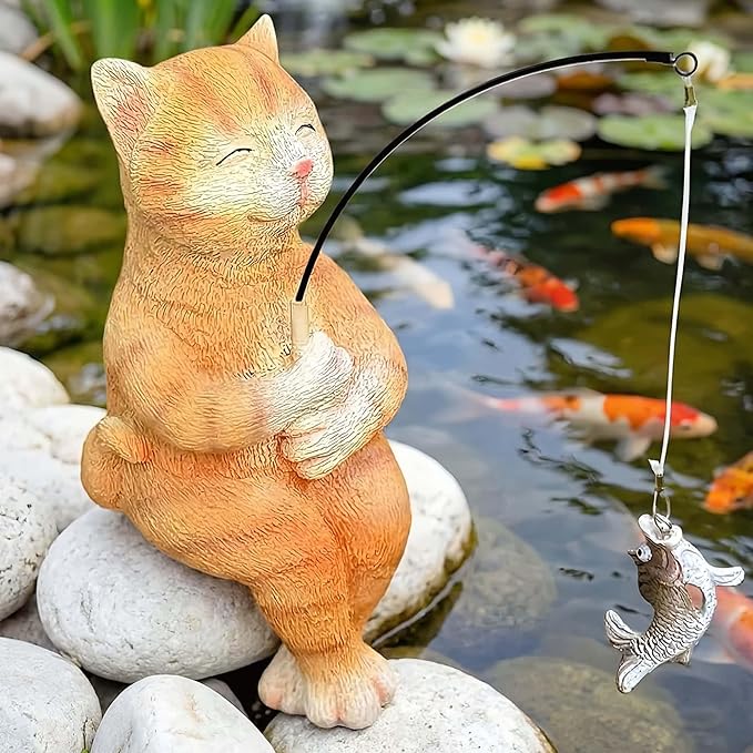 9.5“ Cat Fishing Garden Sculptures & Statues, Stone Look Fishing, Whimsical Lawn Yard Art, Funny Garden Pond Fisherman, Resin Animal Decor, Cat Lover Ornament, Cute Outdoor Statue