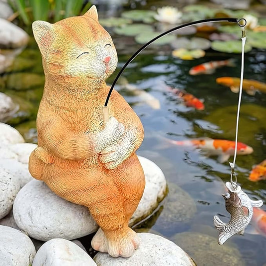 9.5“ Cat Fishing Garden Sculptures & Statues, Stone Look Fishing, Whimsical Lawn Yard Art, Funny Garden Pond Fisherman, Resin Animal Decor, Cat Lover Ornament, Cute Outdoor Statue