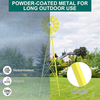 Metal Windmill for Garden Yard Decor, 8ft Tall Windmill Pinwheels Outdoor with Spinning Blades, Weather Vanes Lawn Ornaments, Weather-Resistant, Yellow