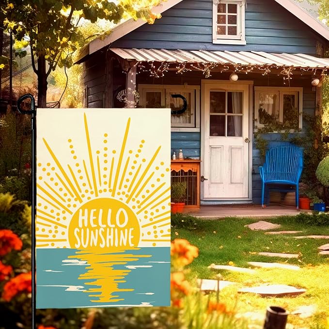 Hello Sunshine Summer Garden Flag Boho Sunset Over Sea Yard Flags Vertical Yard Decorations Outdoor Flag Farmhouse Porch Lawn Patio for Outside 12x18 Double Sided