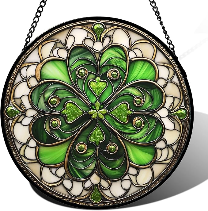 DASTOLL Stained Glass Window Hanging St. Ripak Festival Green Lucky Clover 9.8" - Suncatcher Door Garden Sun Catcher Ireland Decor Mother's Day for Mom Woman Her Men Sisters