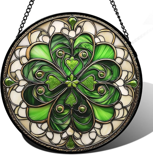 DASTOLL Stained Glass Window Hanging St. Ripak Festival Green Lucky Clover 9.8" - Suncatcher Door Garden Sun Catcher Ireland Decor Mother's Day for Mom Woman Her Men Sisters