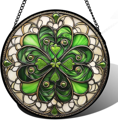 DASTOLL Stained Glass Window Hanging St. Ripak Festival Green Lucky Clover Large 15" - Suncatcher Door Garden Sun Catcher Ireland Decor Mother's Day for Mom Woman Her Men Sisters