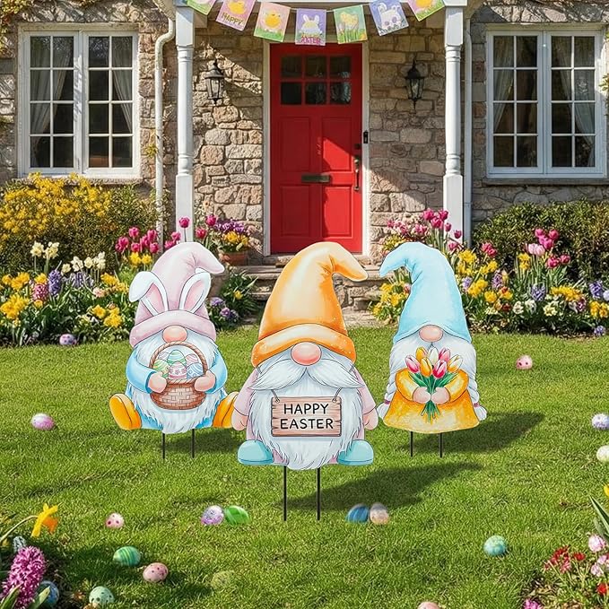 DoubleFill 3 Pcs Easter Decorations Outdoor 3D Metal Easter Eggs Tulip Yard Signs Decorative Garden Stakes Eggs Bunny Gnome Lawn Decorations Yard Decor for Spring Lawn Pathway Garden(Gnome Style)