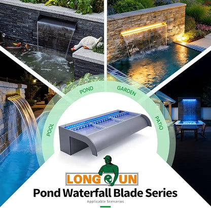 with lid Pool Fountain, LONGRUN Waterfall Spillway for Koi Ponds - 23.6" Transparent Acrylic Waterfall with APP Control & Multi-Color LED Lights for Swimming Pool, Garden Pond, Patios, Spa Decoration