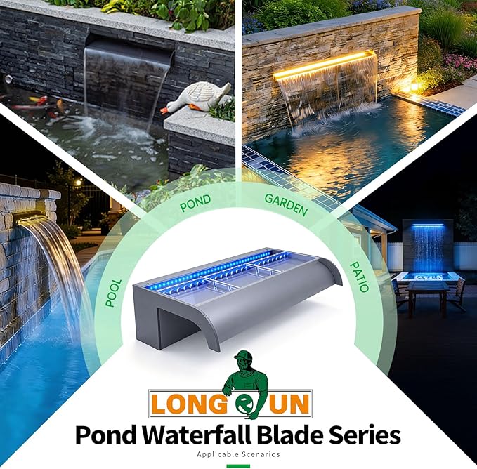 with lid Pool Fountain, LONGRUN Waterfall Spillway for Koi Ponds - 35.4" Transparent Acrylic Waterfall for Swimming Pool, Garden Pond, Patios, Spa Decoration