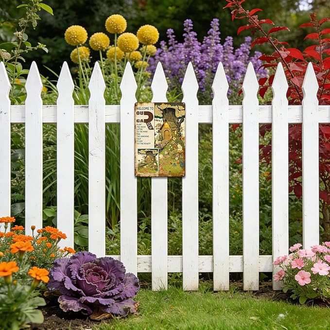 Garden Signs for Outside, Funny Metal Signs for Home Garden Patio Yard - Welcome To Our Garden, Vintage Gardening Gifts for Women, Wall Decor 12" x 8"
