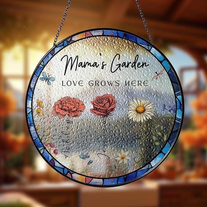 NAZENTI Custom Family Birth Flowers Glass Suncatcher, Personalized Stained Glass Window Hanging Suncatcher with Kids Name, Gifts for Mother's Day, Personalized Mom Flower Garden