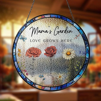 NAZENTI Custom Family Birth Flowers Glass Suncatcher, Personalized Stained Glass Window Hanging Suncatcher with Kids Name, Gifts for Mother's Day, Personalized Mom Flower Garden