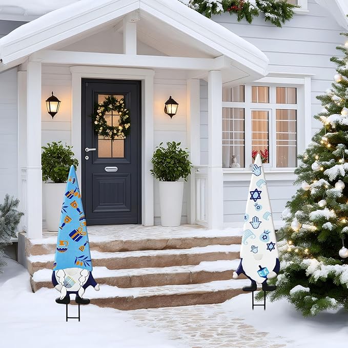 Cinnvoice 2 Pcs Hanukkah Metal Yard Gnome Stakes 27.6” Chanukah Decorative Gnomes Stakes for Outdoor Happy Hanukkah Garden Signs for Jewish Christmas Party Supplies Lawn Garden Decoration