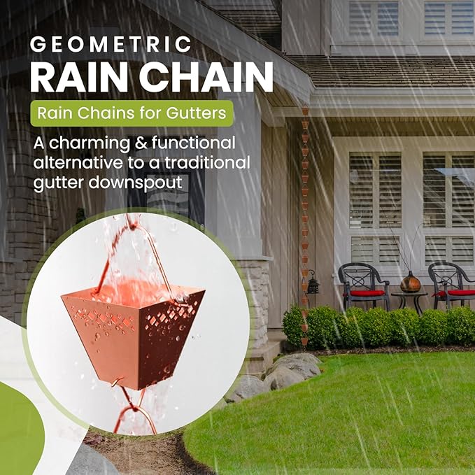 Rain Chain Kit w/Adapter & Extension | Copper Rain Chains for Gutters 10 ft | Rain Chain | Gutter Chain Downspout | Rain Chains for Outside | Rain Catcher | Rain Chimes