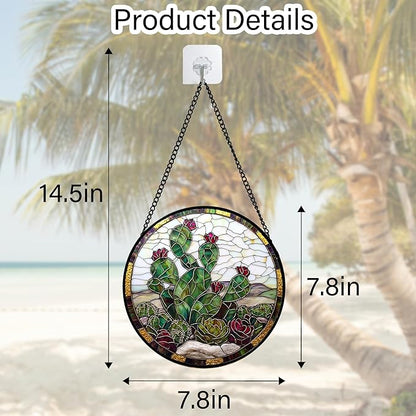 DASTOLL Stained Glass Window Hanging,Green Cactus Purple Flowers Suncatcher Diamond Glass Panel Sun Catchers Decor for Birthday for Women, Men, Wife, Aunt, and Mom 7.8 in