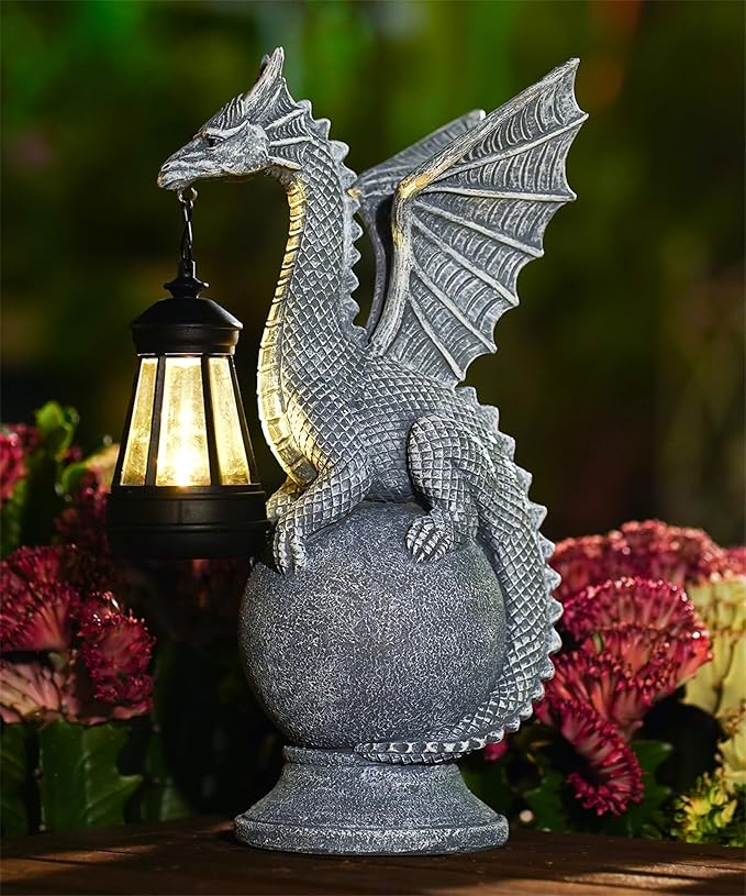 Solar Garden Dragon Statue: Outdoor Figurine with Lantern Lights Weatherproof Resin Decorations for Home Yard Lawn Porch Balcony Patio - Mothers Day Gifts for Mom Women Grandma