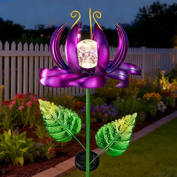 Solar Yard Lights Wind Spinners- Metal Lotus Flower Garden Decor LED Crackle Glass Globe Yard Art Sculpture Solar Stake Lights for Patio Pathway Lawn Walkway (Purple-Large)