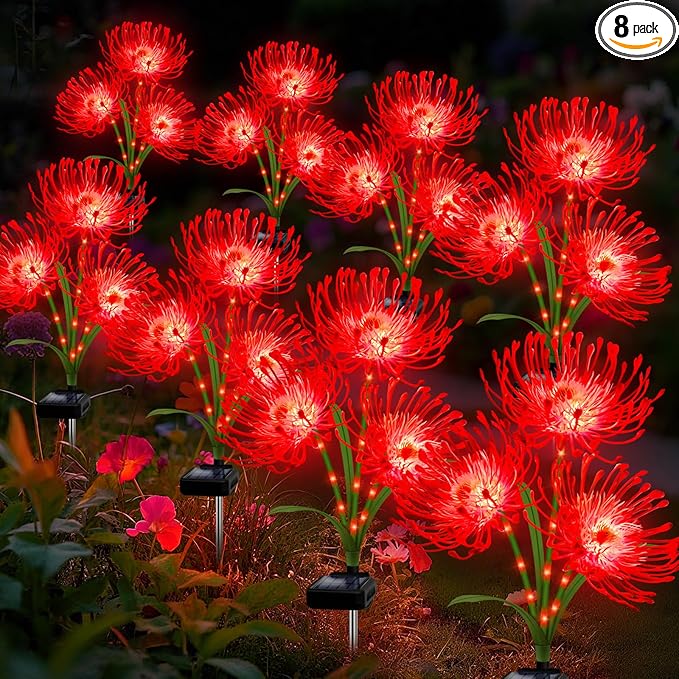 Solar Garden Flower Lights Outdoor, 8 Pack Red Spider Lily with Glowing Stems, Waterproof LED Yard Lawn Pathway Decor, Elegant Patio Garden Decoration, for Mom, Grandma, Women