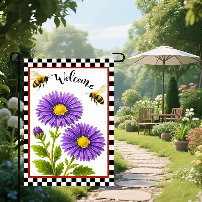 IVN Welcome Garden Flag 12x18 Inch Double Sided Spring Garden Yard Flags Bee Purple Daisy Decorative Small Flags for Outdoor Seasonal Front Door Lawn Porch Patio Decor Yard Flag